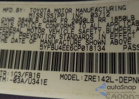 2012 Toyota Corolla Le из США, поврежденный, VIN 5YFBU4EE6CP018134